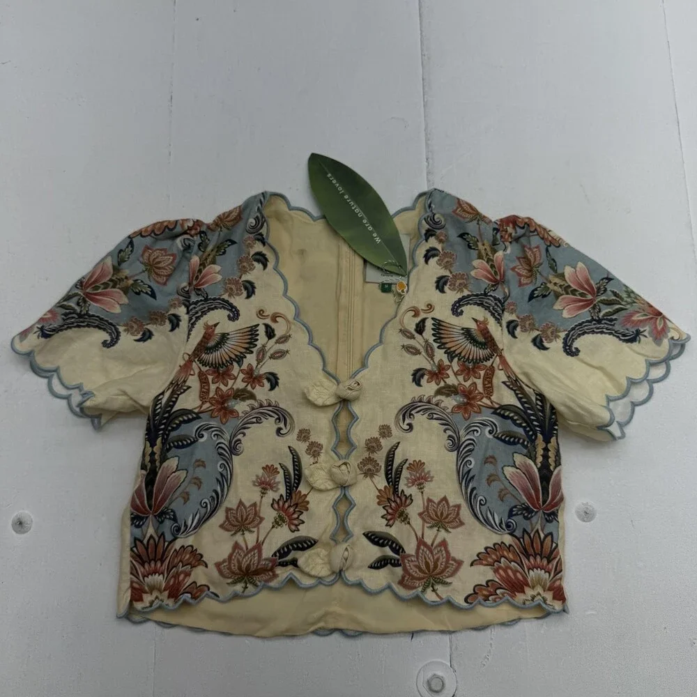 Farm Rio Top Womens M Multicoloured Linen Cropped Floral Blouse Scallop Hem